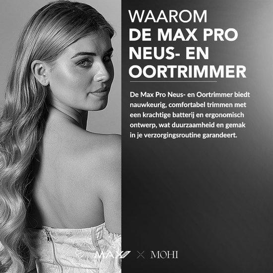 Black and white portrait of a woman with long hair, text about a nose and ear trimmer.