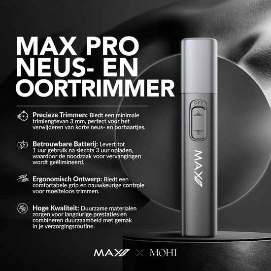 A silver nose and ear hair trimmer with text and icons describing its features.