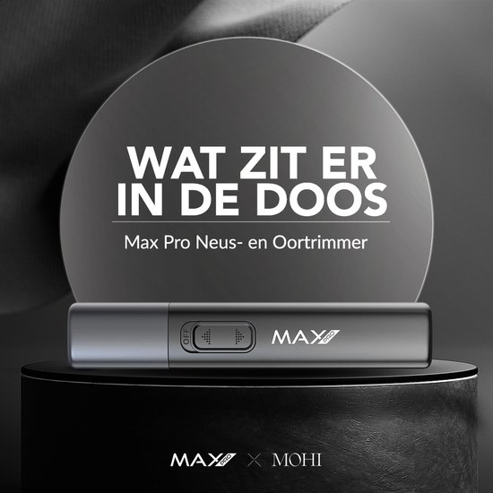 A gray Max Pro nose and ear trimmer rests on a black pedestal.