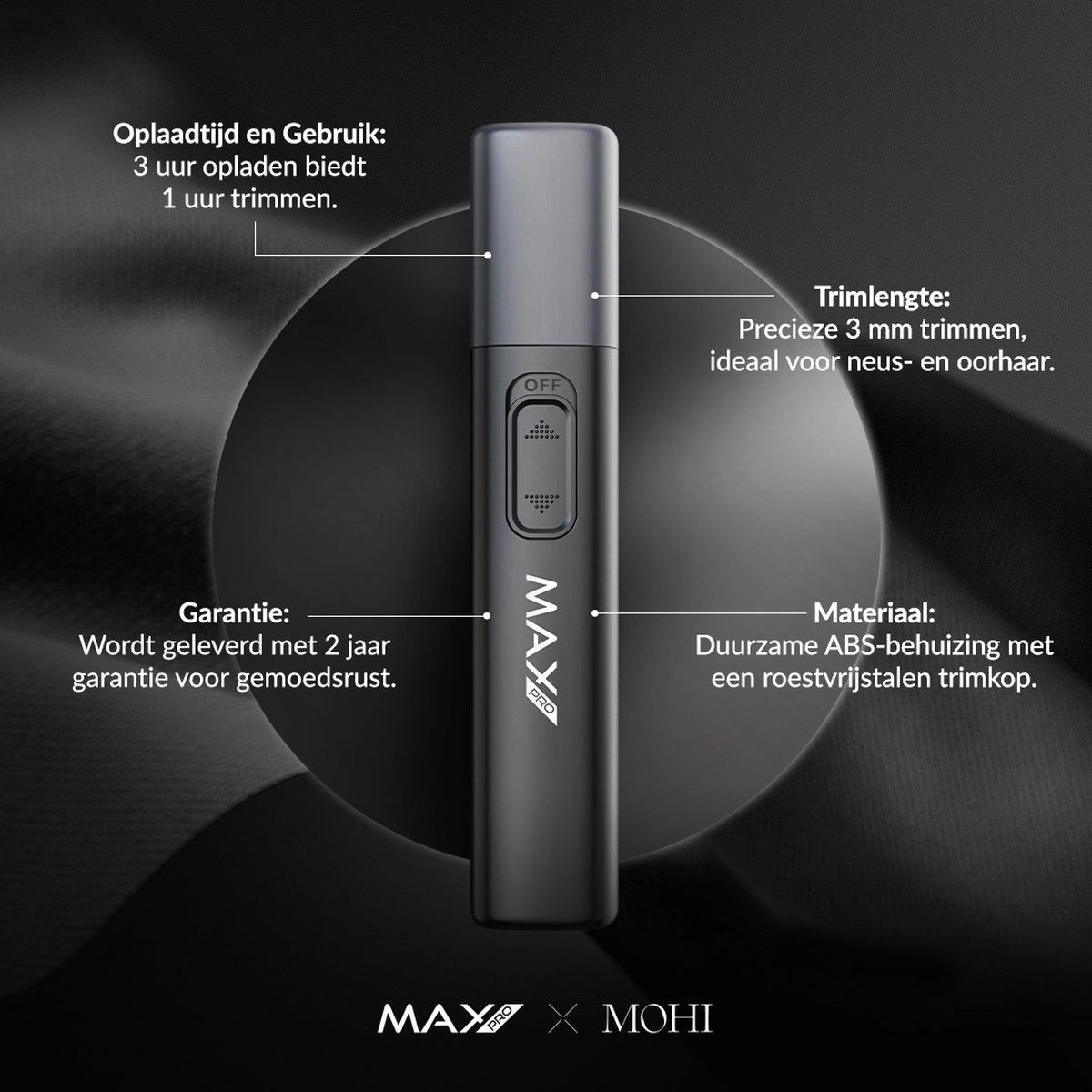 A black MAX PRO nose and ear hair trimmer with detailed specifications.