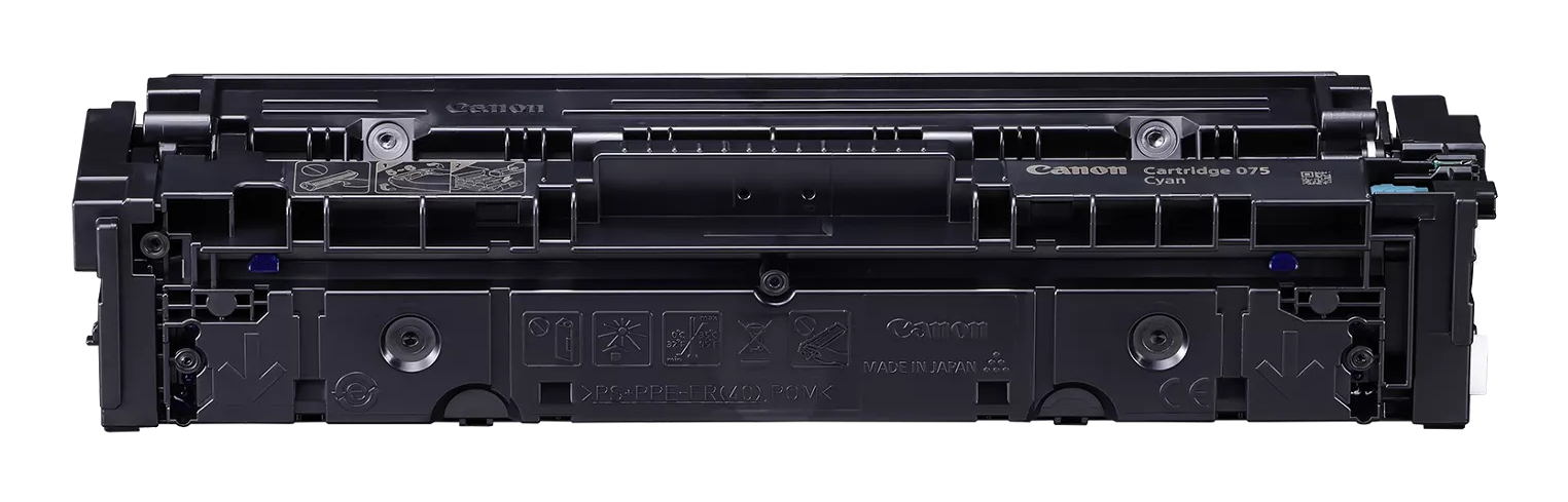 İşaretler ve semboller içeren siyah Canon 075 Cyan toner kartuşu.