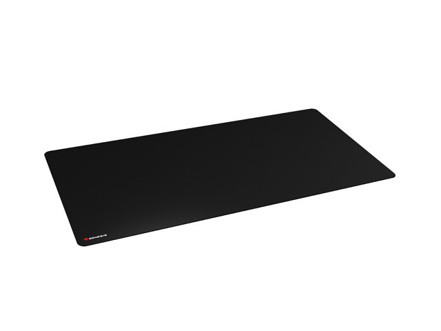 Tappetino per mouse nero con logo rosso, su sfondo bianco.