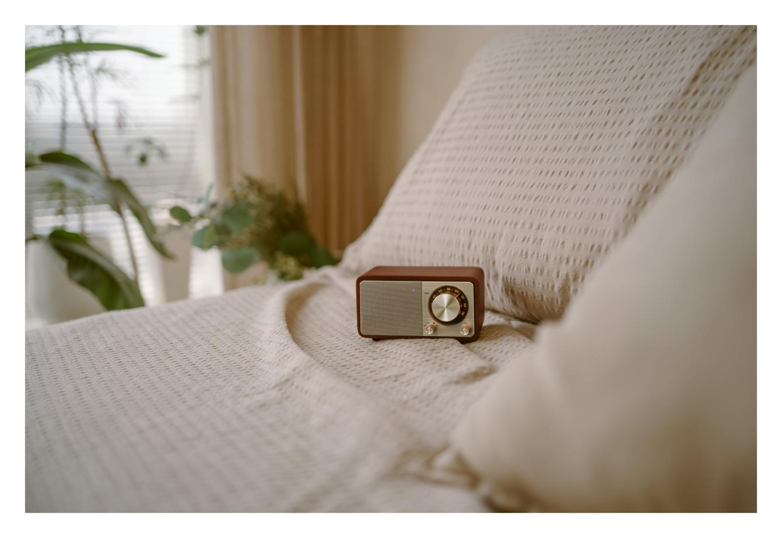 Ein brauner Vintage-Radio steht auf einem weißen, karierten Bett. Pflanzen im Hintergrund.