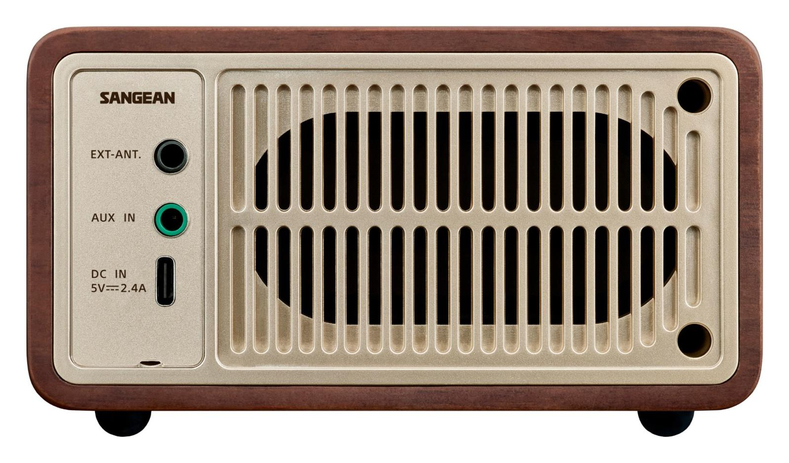 Ein Sangean Radio mit Holzgehäuse, Lautsprechergrill, ANT, AUX und DC IN Anschlüssen.