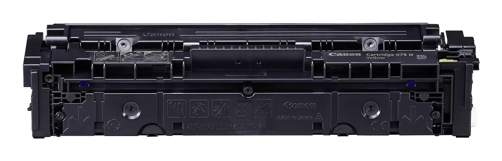 Cartuccia toner Canon 075 H Giallo nera con etichette.