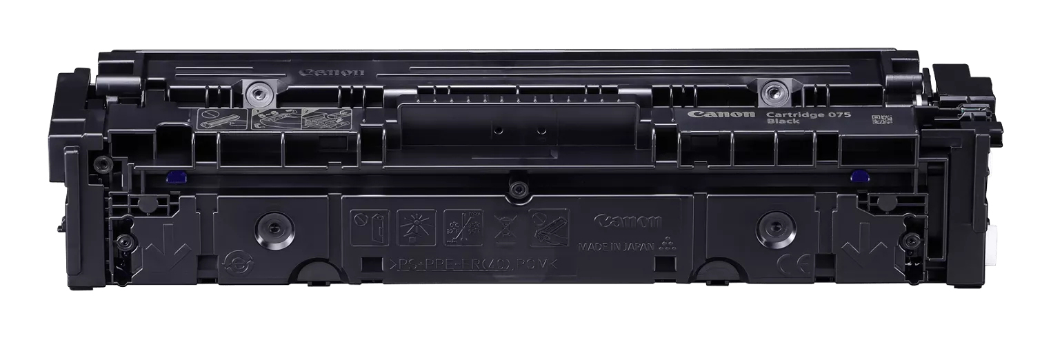 Siyah Canon 075 toner kartuşu, etiketler ve sembollerle ön görünüm.