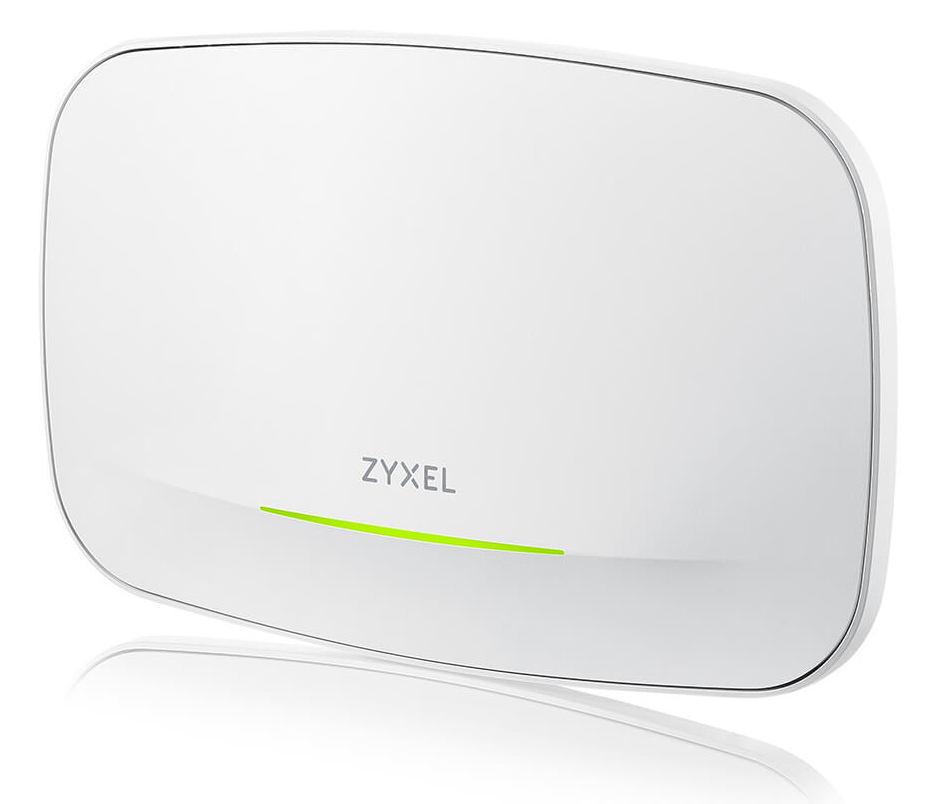 Un router Wi-Fi Zyxel bianco con una barra luminosa verde sul davanti.
