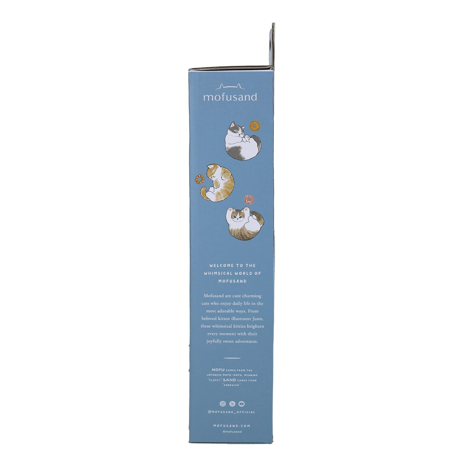 Eine blaue Verpackung mit Mofusand-Kätzchen-Illustrationen und Text.