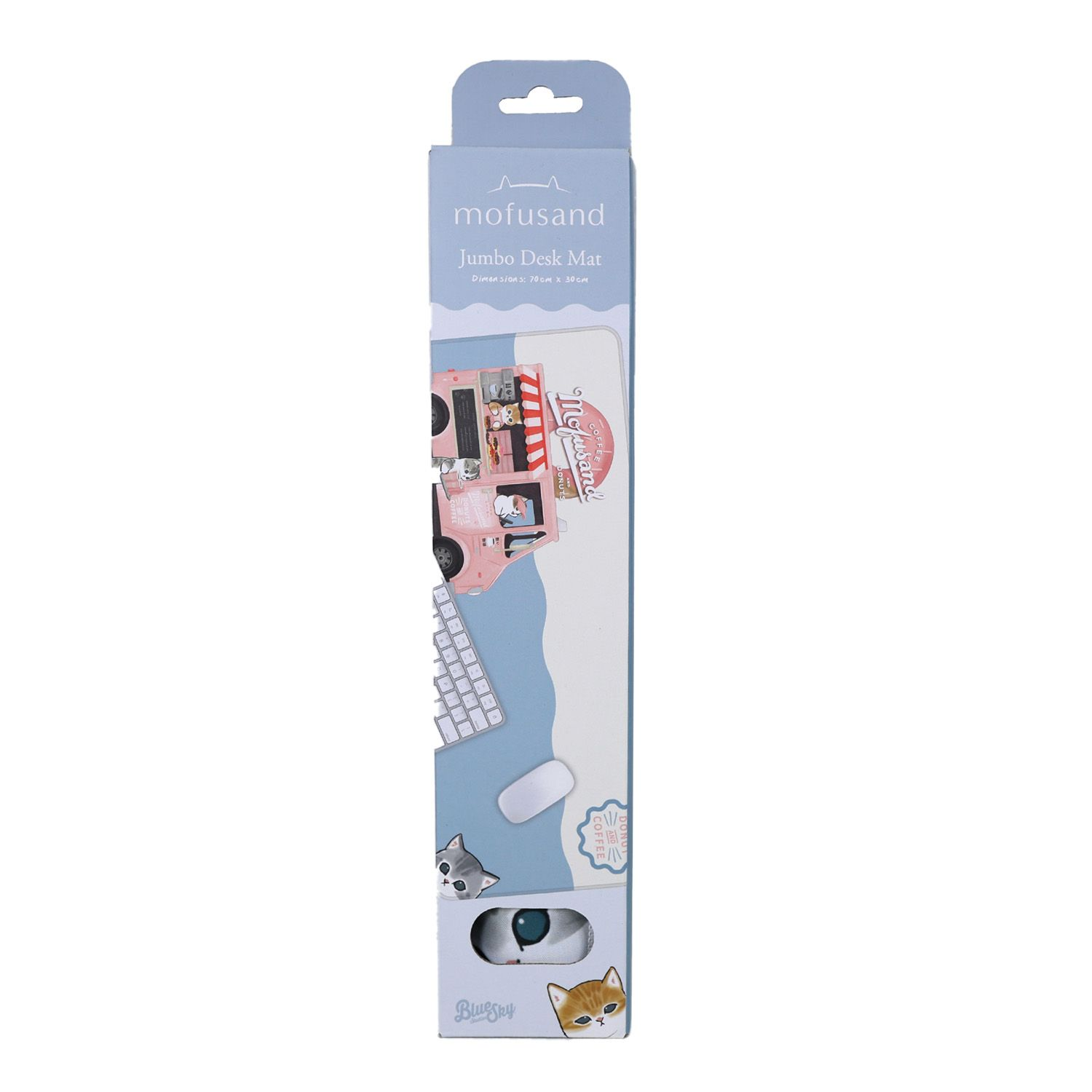 Verpackung für mofusand Jumbo Schreibtischmatte mit Katzen, Tastatur, Maus, rosa Imbisswagen.
