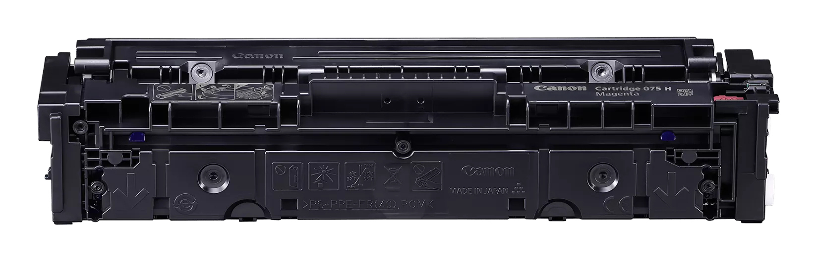 Cartuccia toner Canon 075 H Magenta nera, con simboli e "Made in Japan".