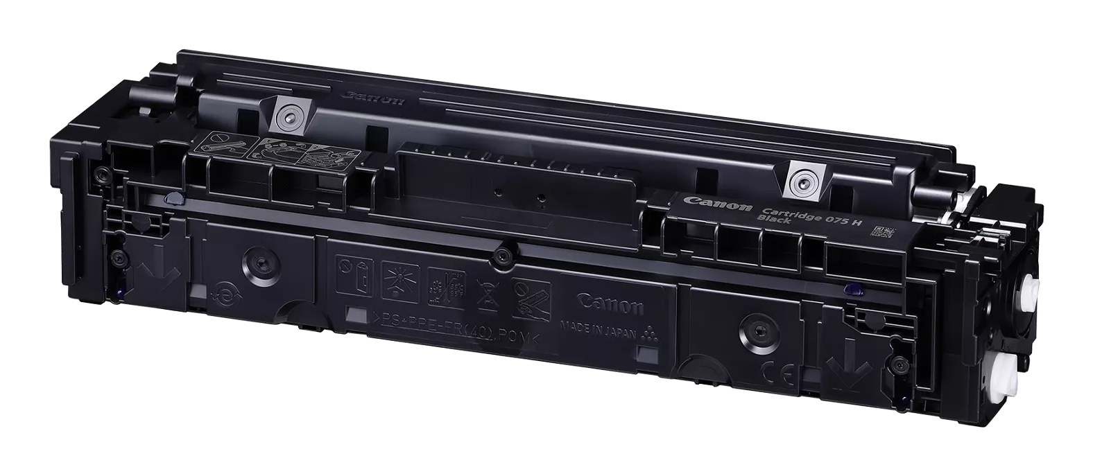 Cartuccia Canon nera 075 H, Made in Japan, con simboli e marchio CE.