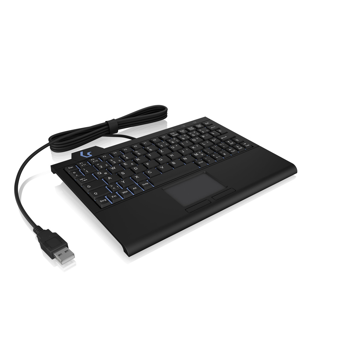 Tastiera nera con touchpad e cavo USB, tasti illuminati.