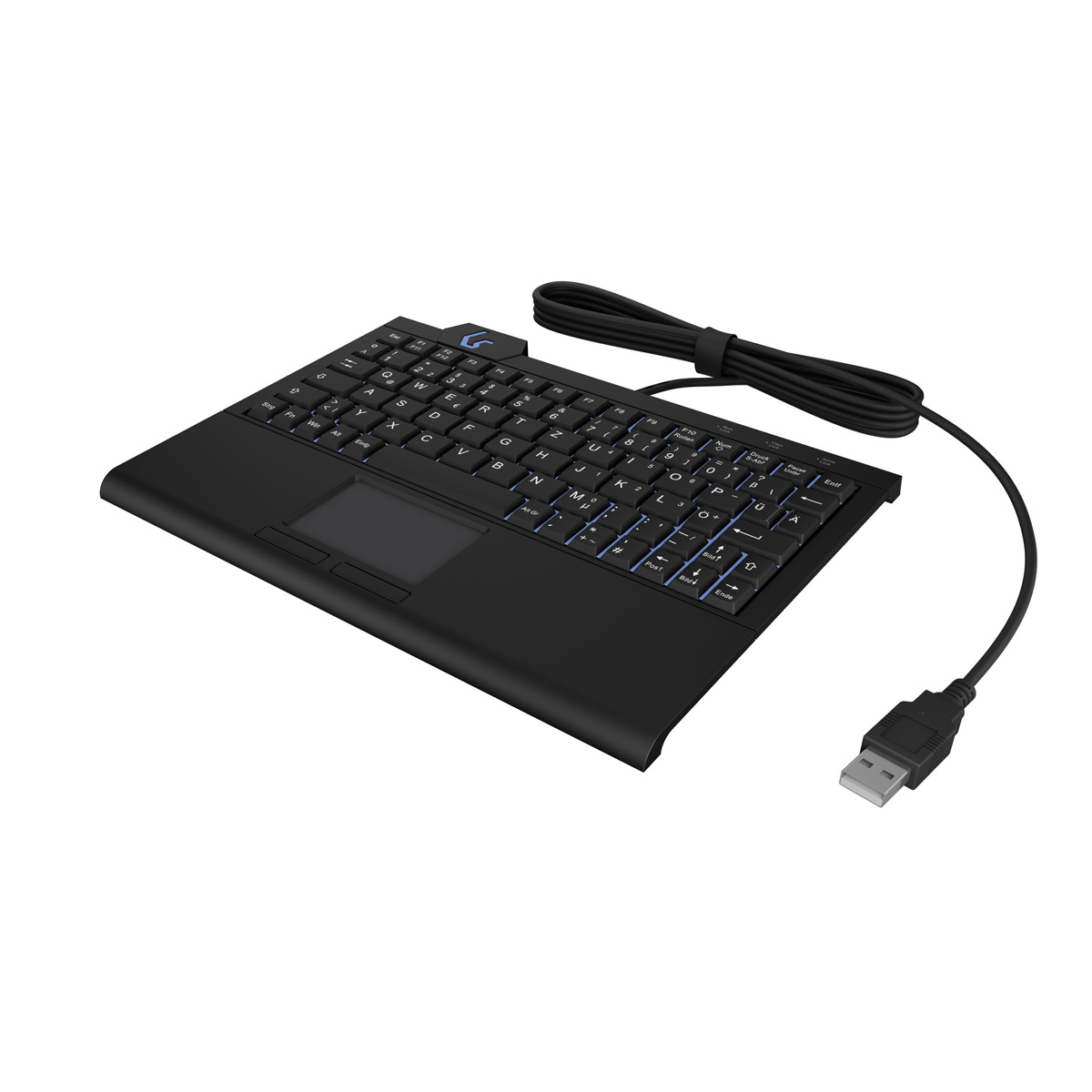 Tastiera nera con touchpad e tasti retroilluminati blu, con cavo USB.