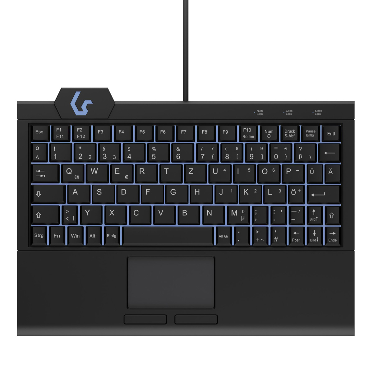 Una tastiera nera con tasti retroilluminati blu e un touchpad.