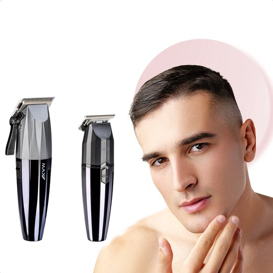 Due regolabarba e un uomo con capelli corti che si tocca il mento.
