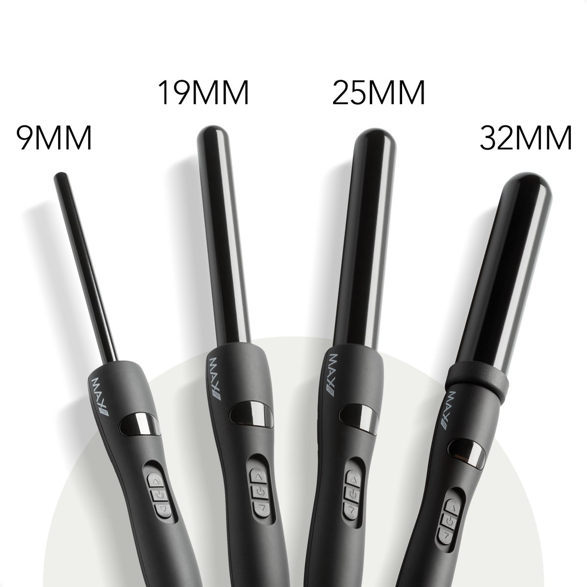 Vier zwarte krultangen van verschillende maten: 9mm, 19mm, 25mm, 32mm.