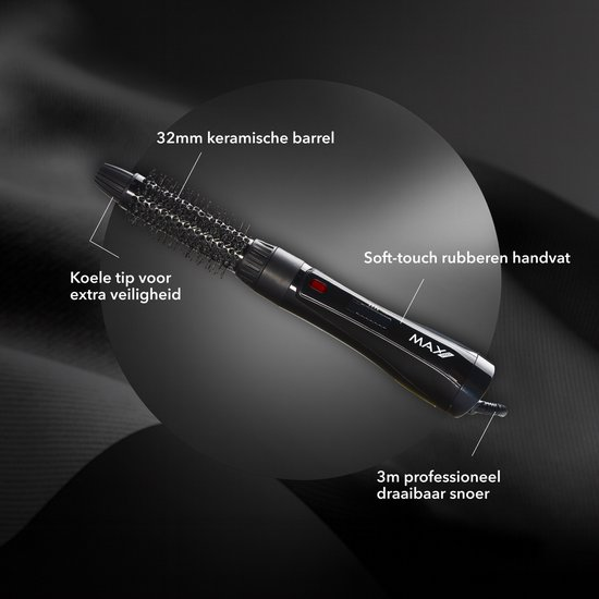 Ein schwarzer elektrischer Lockenstab mit 32mm Keramikfass, Soft-Touch-Griff und 3m Kabel.