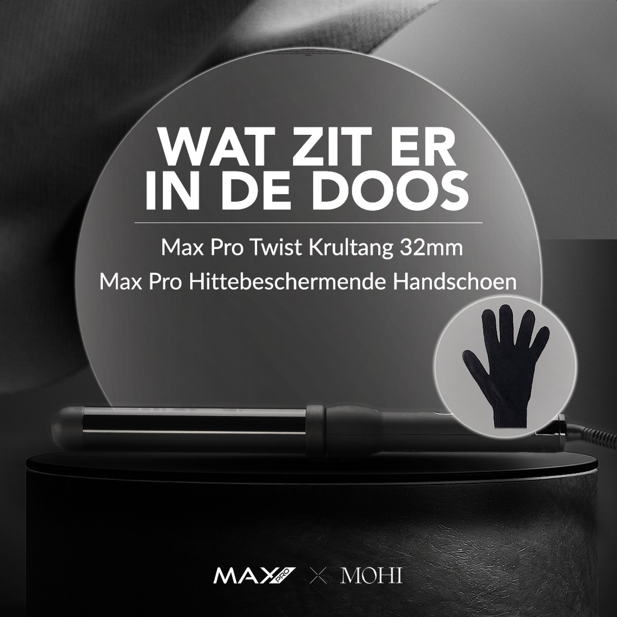 Een krultang en een hittebeschermende handschoen worden getoond.