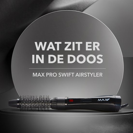 Max Pro Swift Airstyler auf dunklem Hintergrund, Text auf Niederländisch.