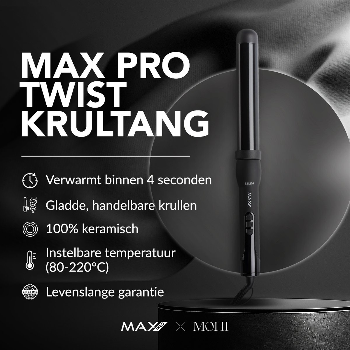 Een zwarte krultang met tekst en iconen die functies opsommen.