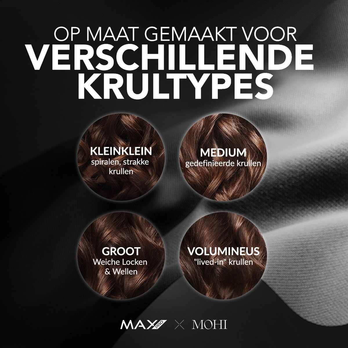 Vier soorten bruin haar: klein, medium, groot en volumineus.