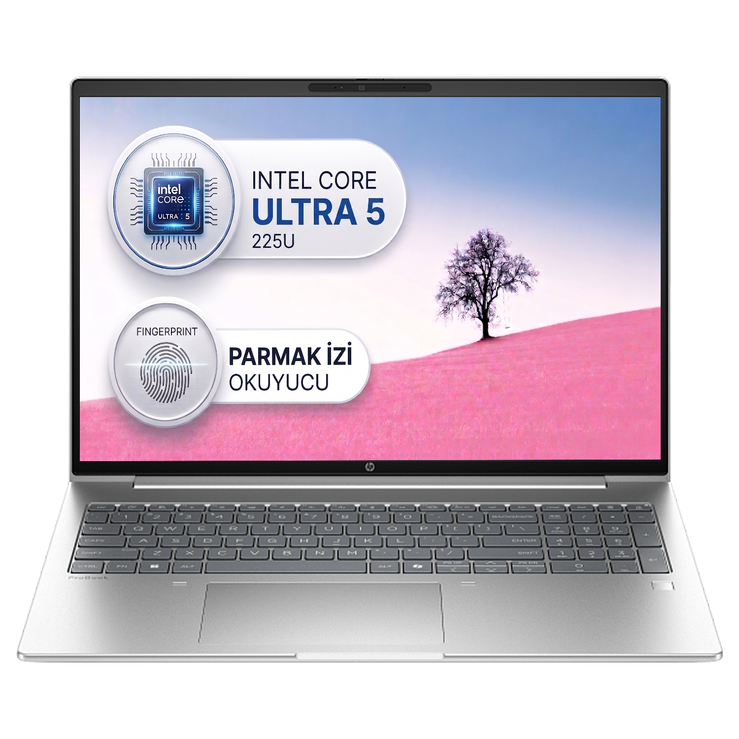 Intel Core Ultra 5 225U ve parmak izi okuyuculu gümüş renkli dizüstü bilgisayar.