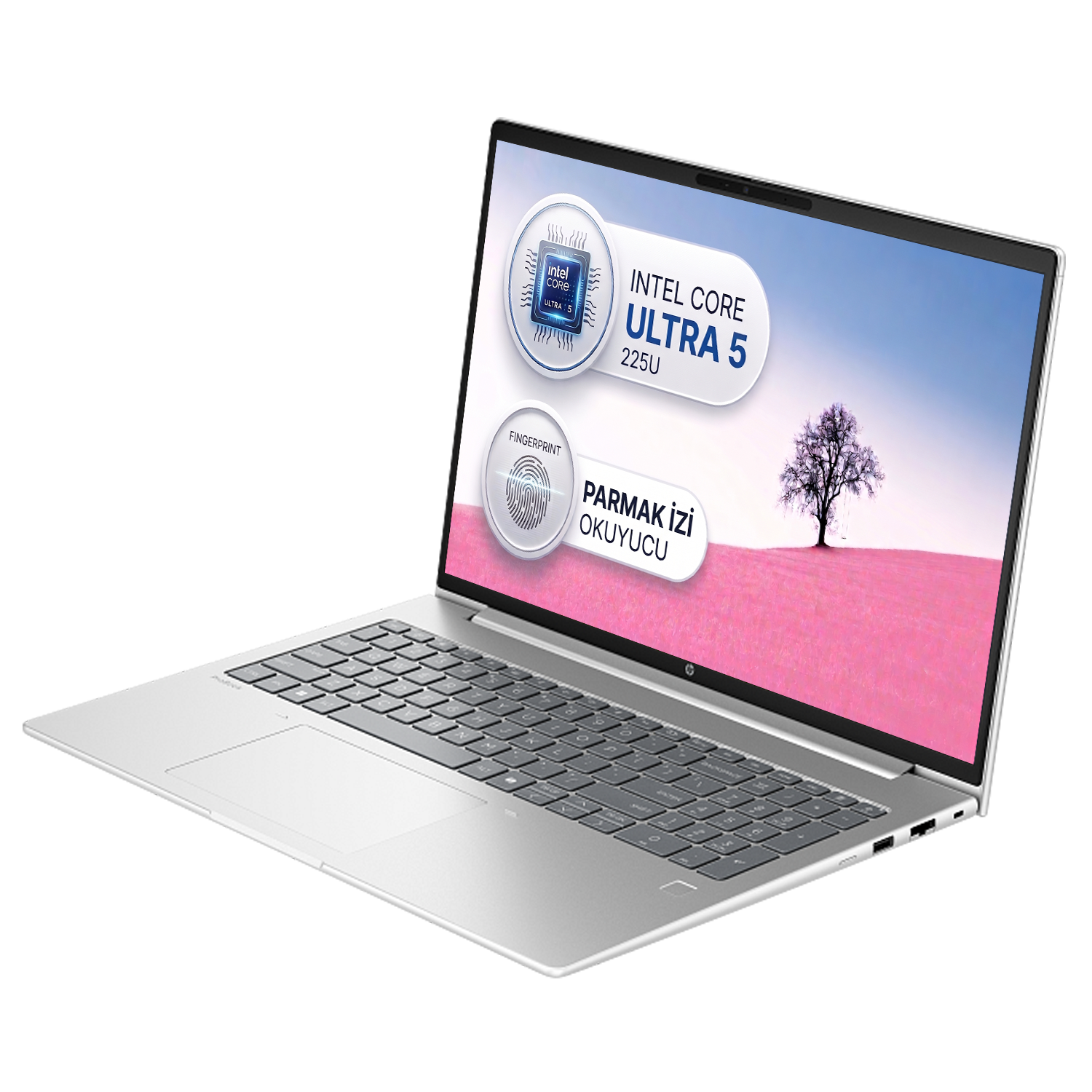 Intel Core Ultra 5 işlemcili ve parmak izi okuyuculu gümüş renkli dizüstü bilgisayar.