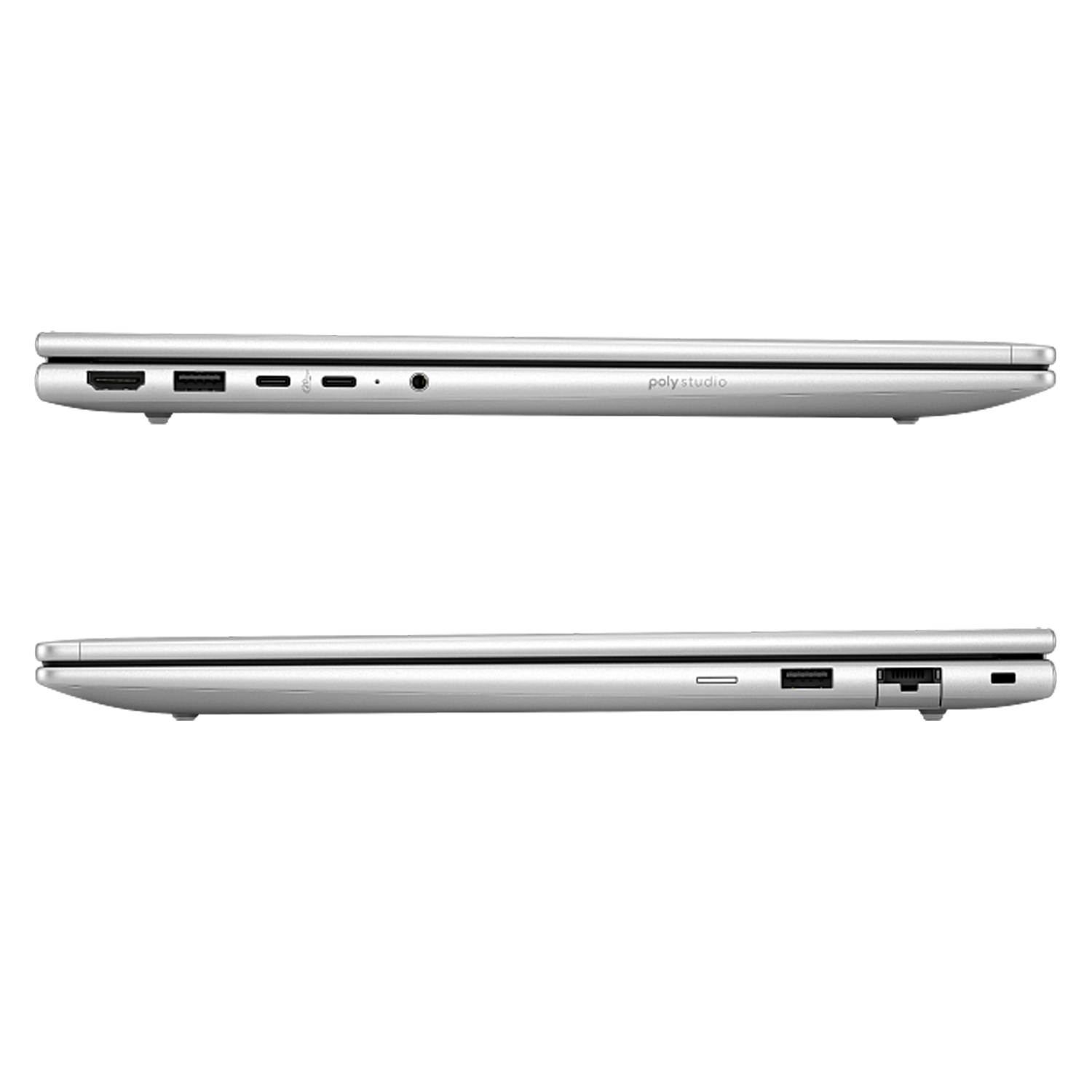 Gümüş laptop bağlantı noktaları: HDMI, USB-A, USB-C, kulaklık jakı.