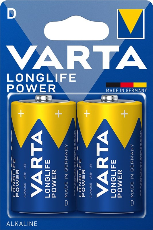 Varta D-Batterien, 2er-Pack, blau und gelb, Made in Germany.