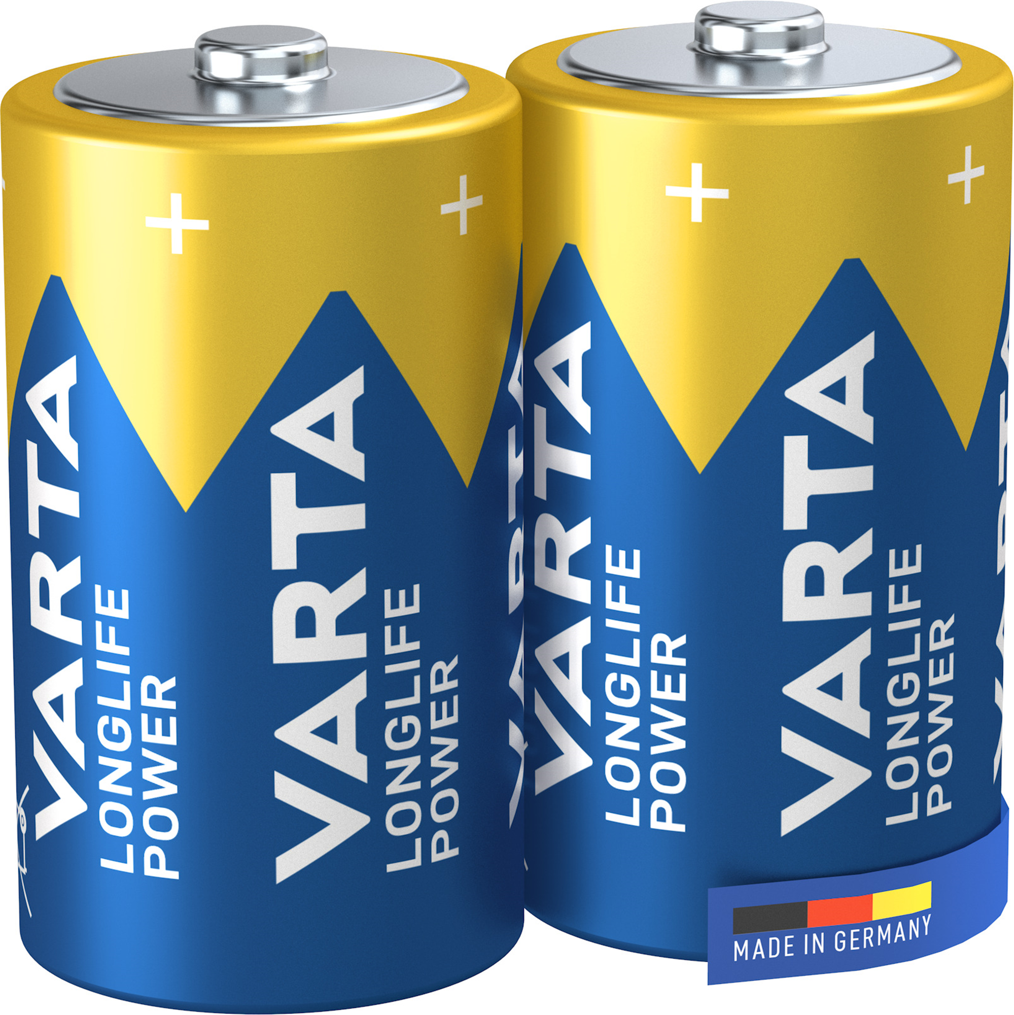 Zwei Varta Batterien mit blau-gelbem Design und "Made in Germany" Aufdruck.