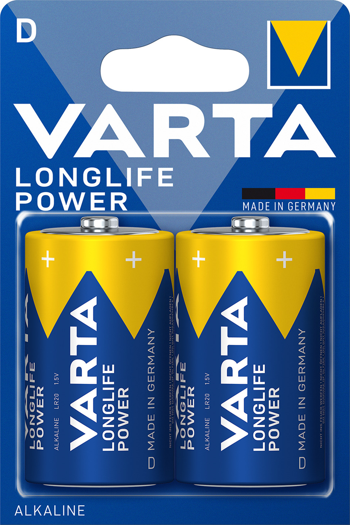 Zwei Varta D-Batterien, blau und gelb mit '+' Symbolen.