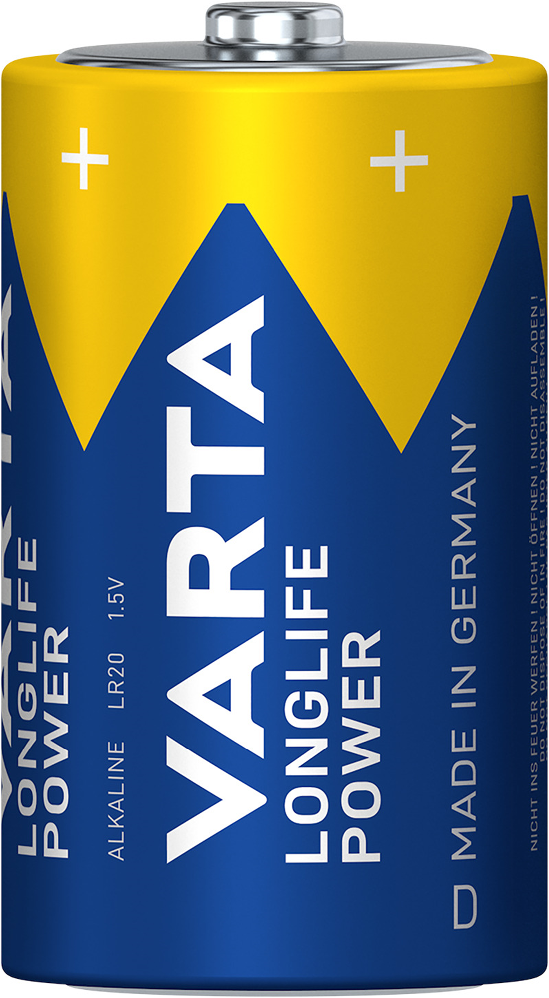 Eine gelbe und blaue Varta LR20 Batterie mit weißen Pluszeichen.