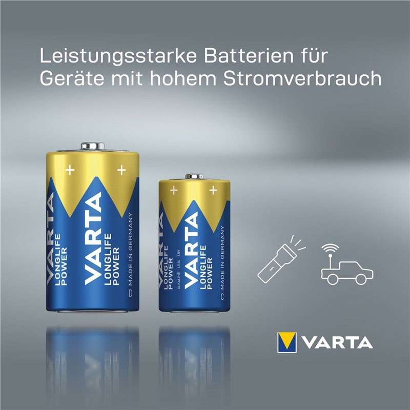 Zwei Varta Batterien, eine größer als die andere, auf grauem Hintergrund.
