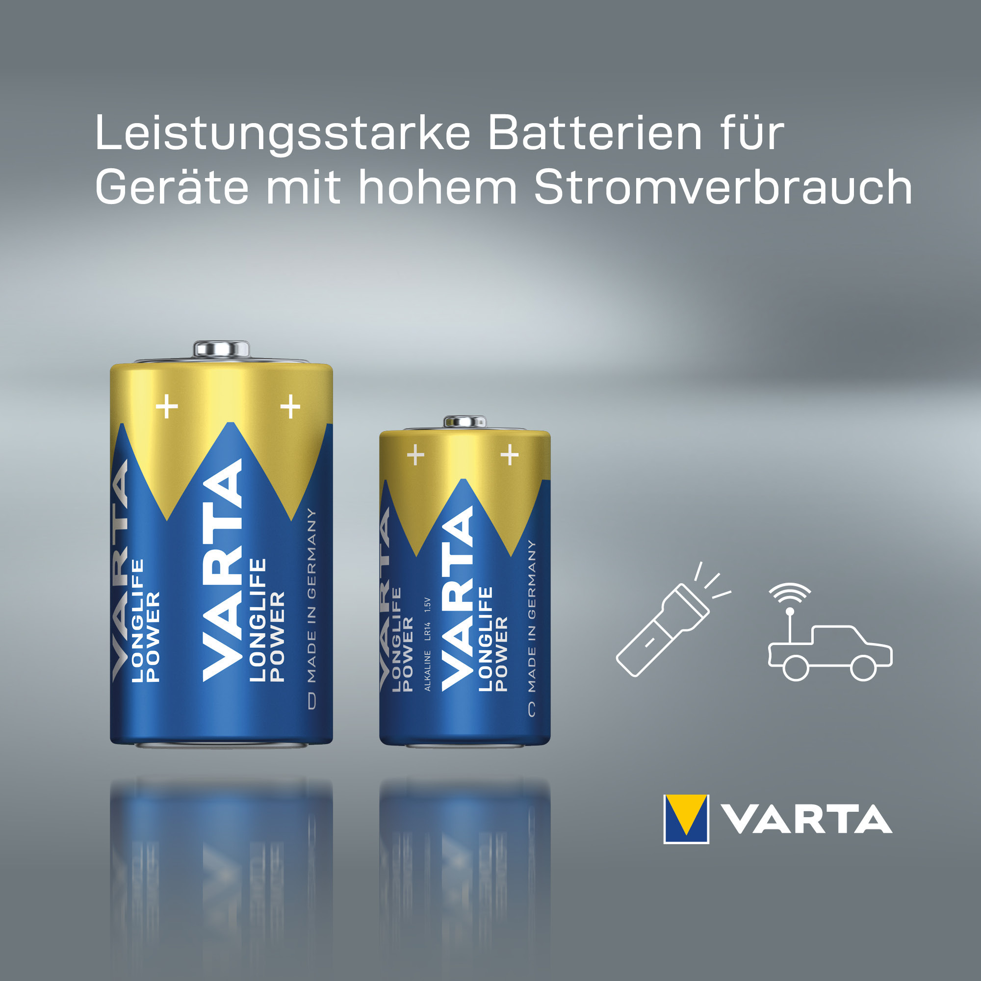 Zwei Varta Batterien, eine groß, eine klein, mit Plus-Symbolen und Logo.