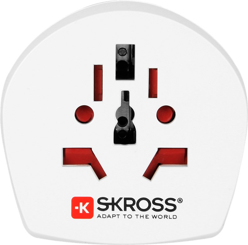 Adaptador de viaje universal SKROSS blanco con múltiples tipos de enchufes.