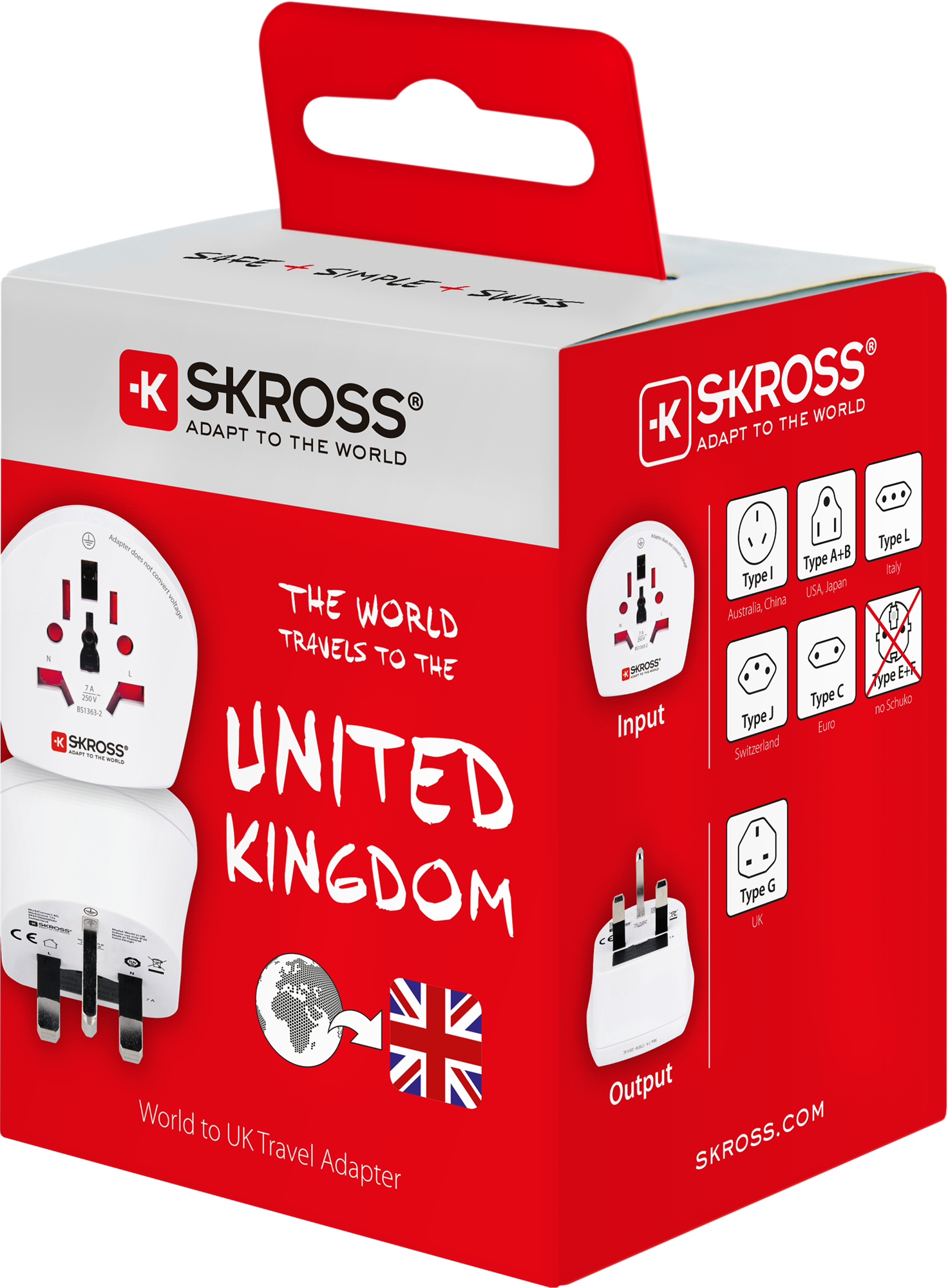 Embalaje de adaptador de viaje SKROSS Mundo a Reino Unido con detalles y enchufes.