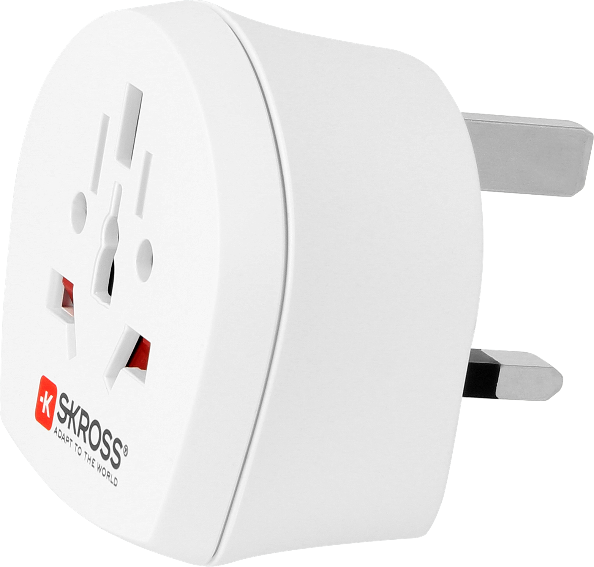 Un adaptador de viaje blanco con múltiples enchufes y un enchufe británico.