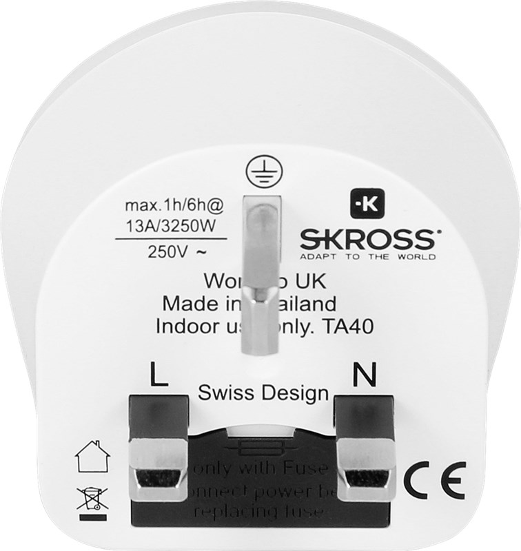Adaptador de viaje SKROSS blanco con enchufe británico, con especificaciones técnicas.
