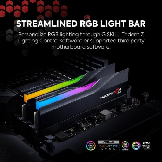 G.SKILL Trident Z RGB RAM-modules met levendige, wisselende kleuren op een moederbord.