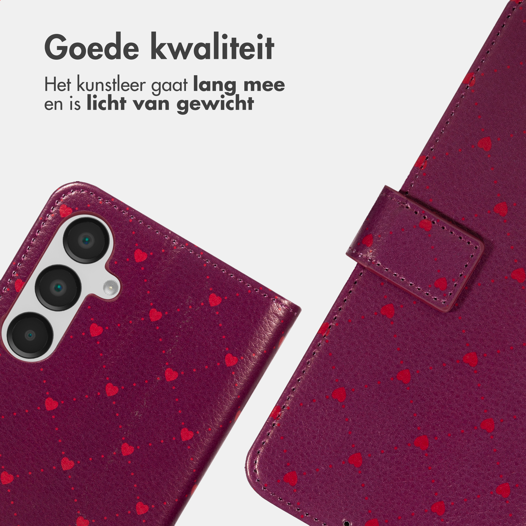 Paarse telefoonhoes met rode hartjes en stippen, camera-uitsparing.
