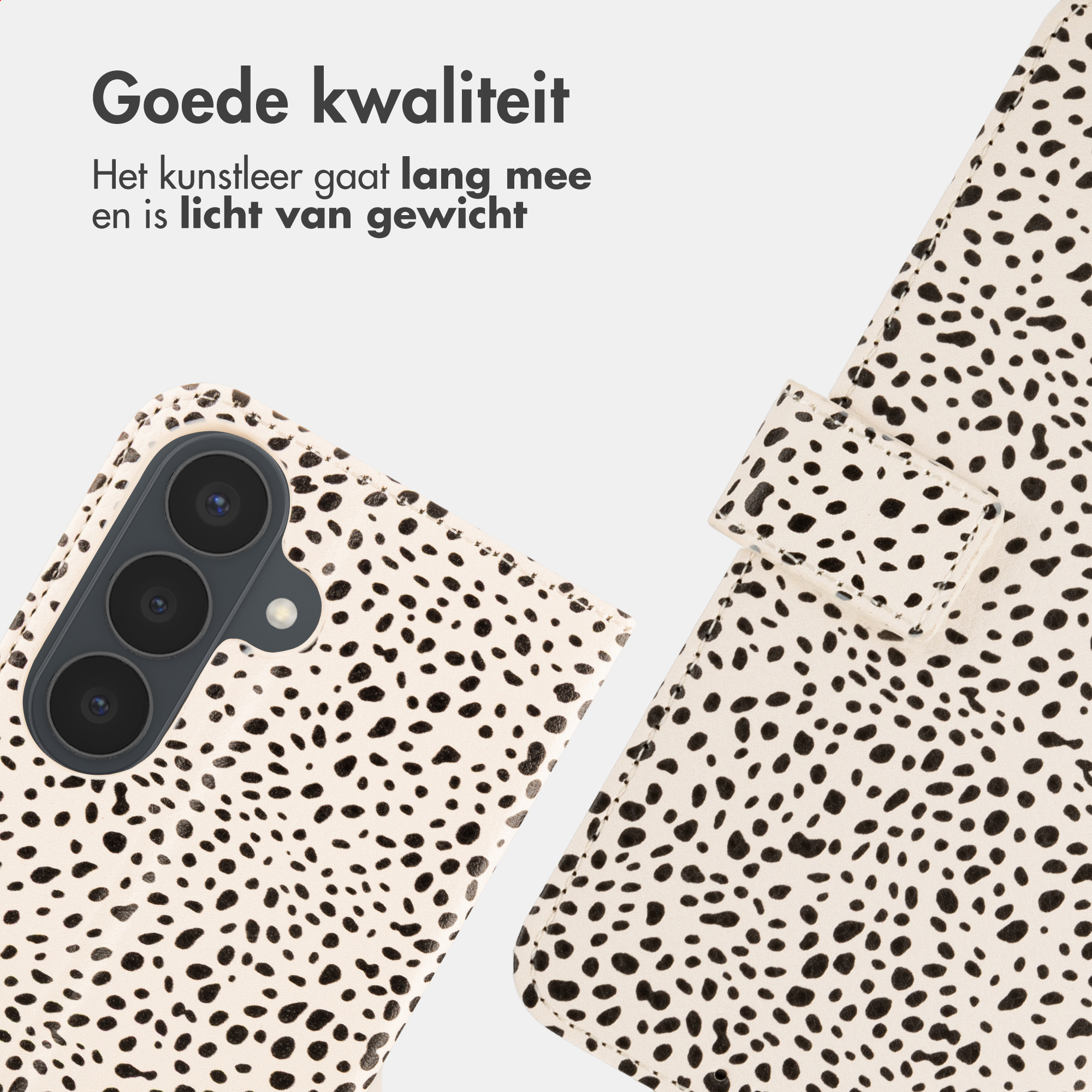 Een telefoon met dalmatiërpatroon en cameramodule.