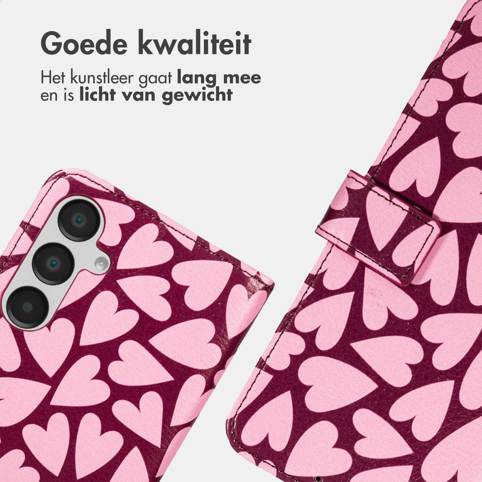 Una cover per telefono rosso scuro con un motivo a cuori rosa chiaro.