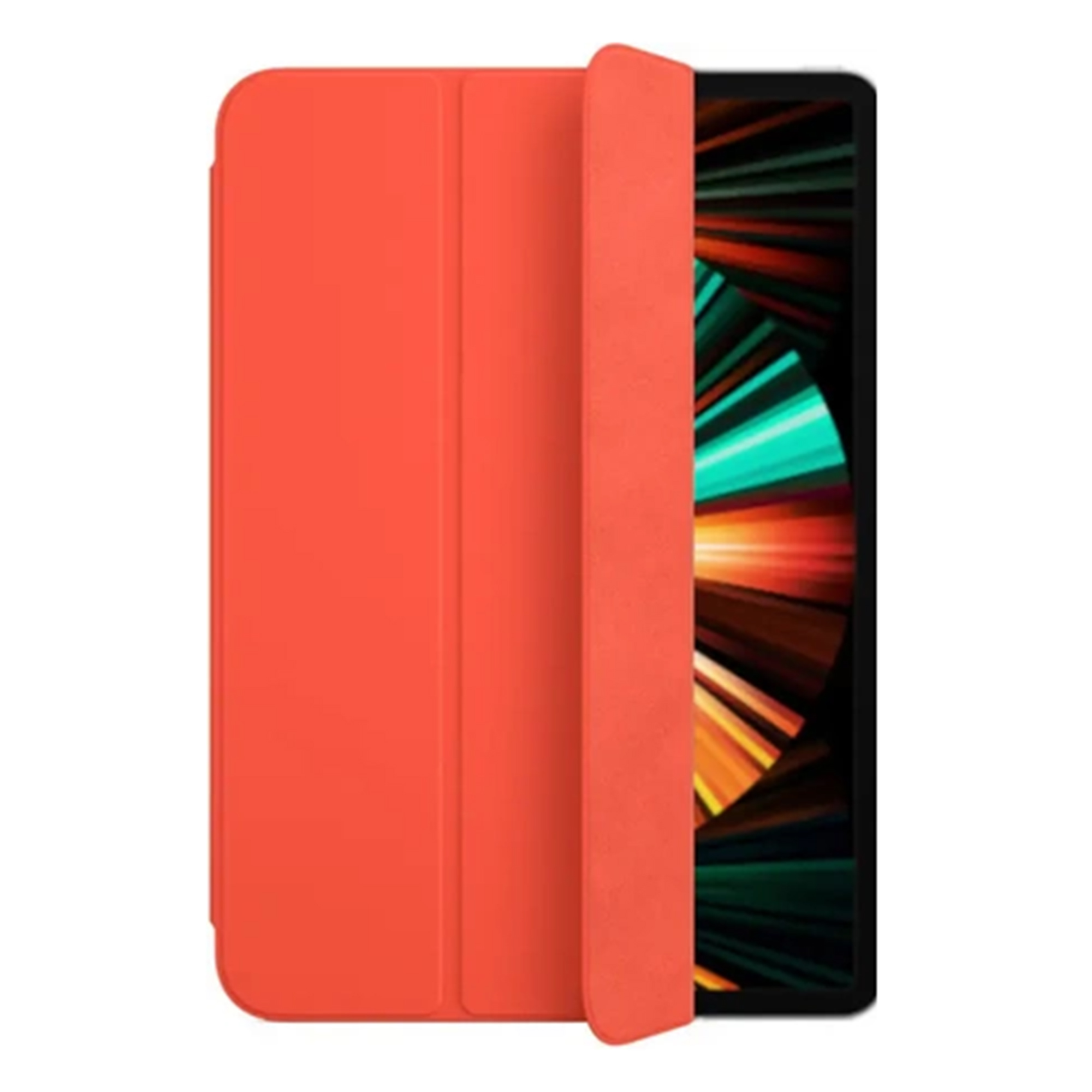 Ein orangefarbenes Tablet-Etui mit einem geöffneten Bildschirm mit einem abstrakten Hintergrund.