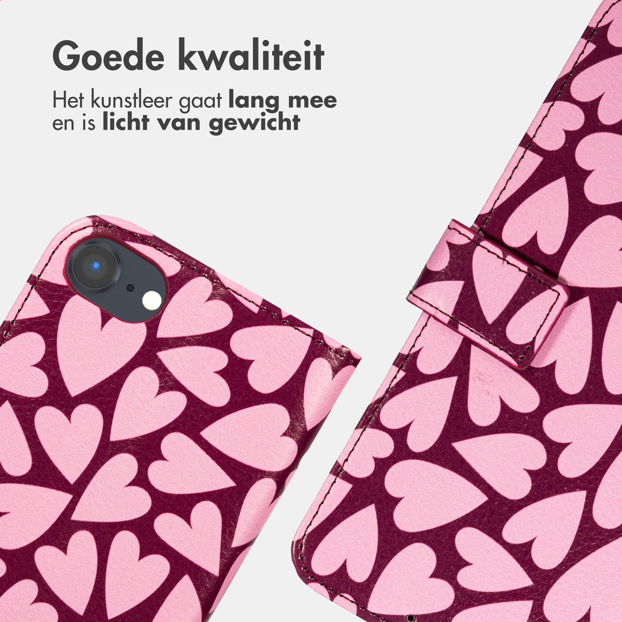 Una custodia per telefono rosa con motivo a cuore rosso scuro. Il telefono è visibile.