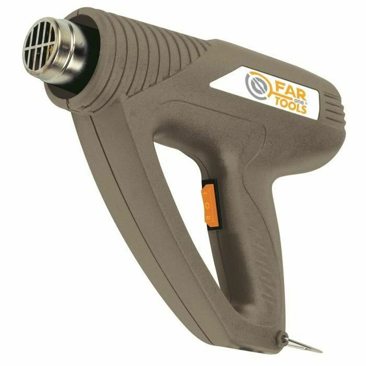 Una pistola termica marrone con interruttore arancione e logo.