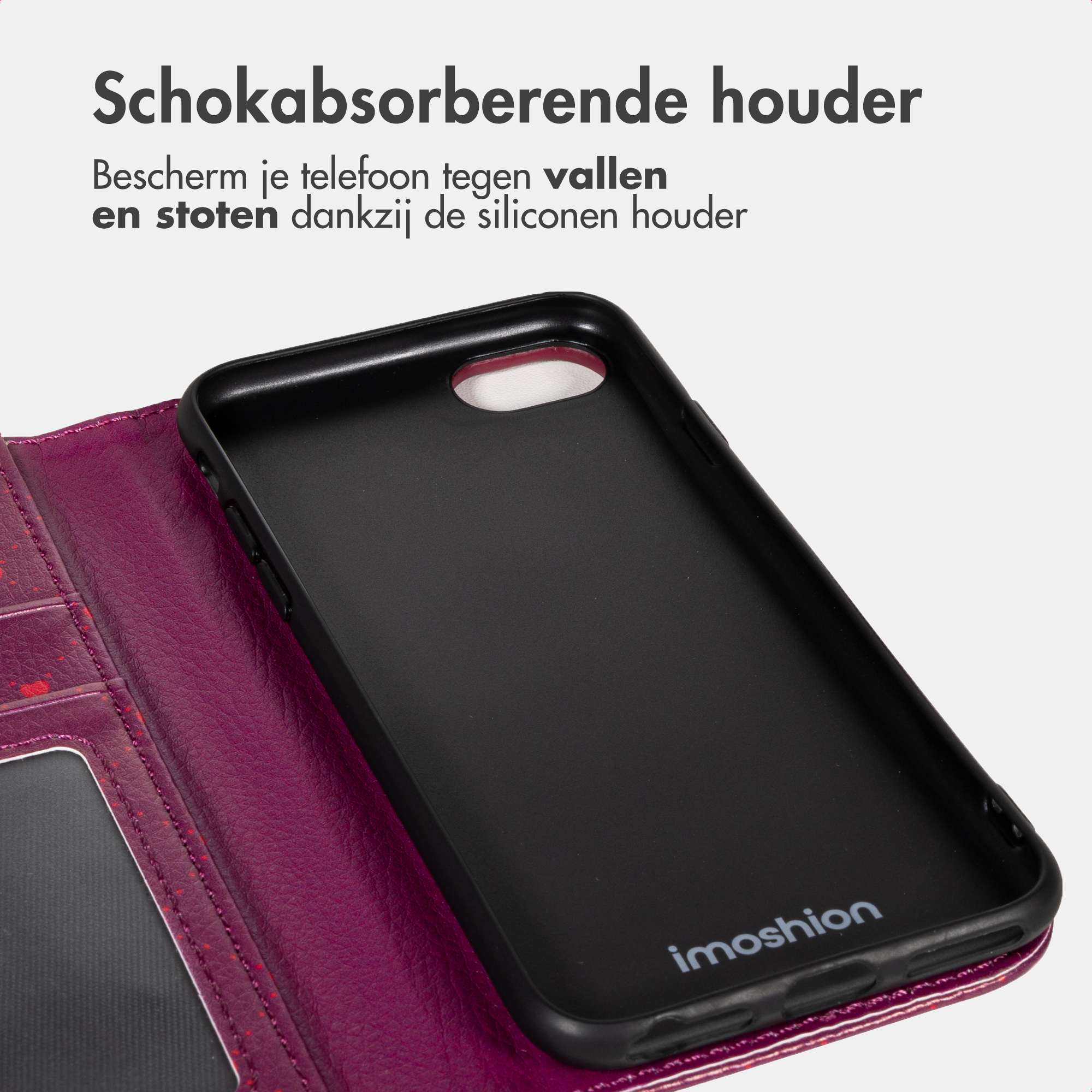 Custodia per telefono in silicone nero con copertina viola e scomparti per carte.