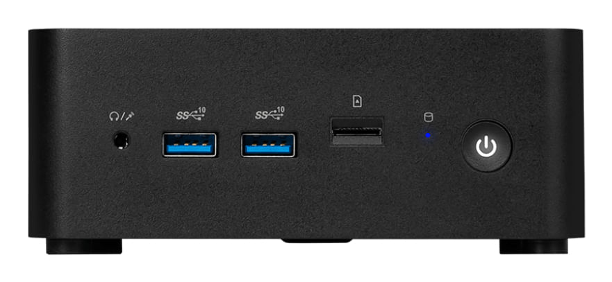Mini PC negro con puertos: auriculares, 2x USB, lector de tarjetas SD, energía.