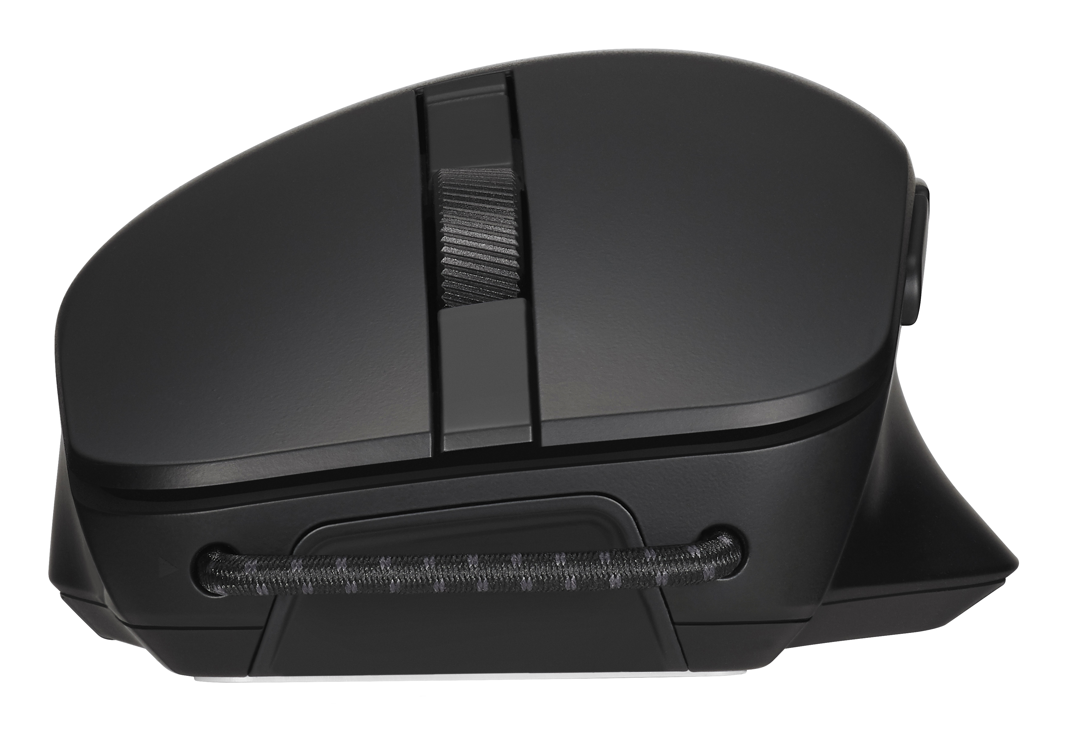 Mouse per computer nero con rotellina texturizzata e cavo intrecciato.