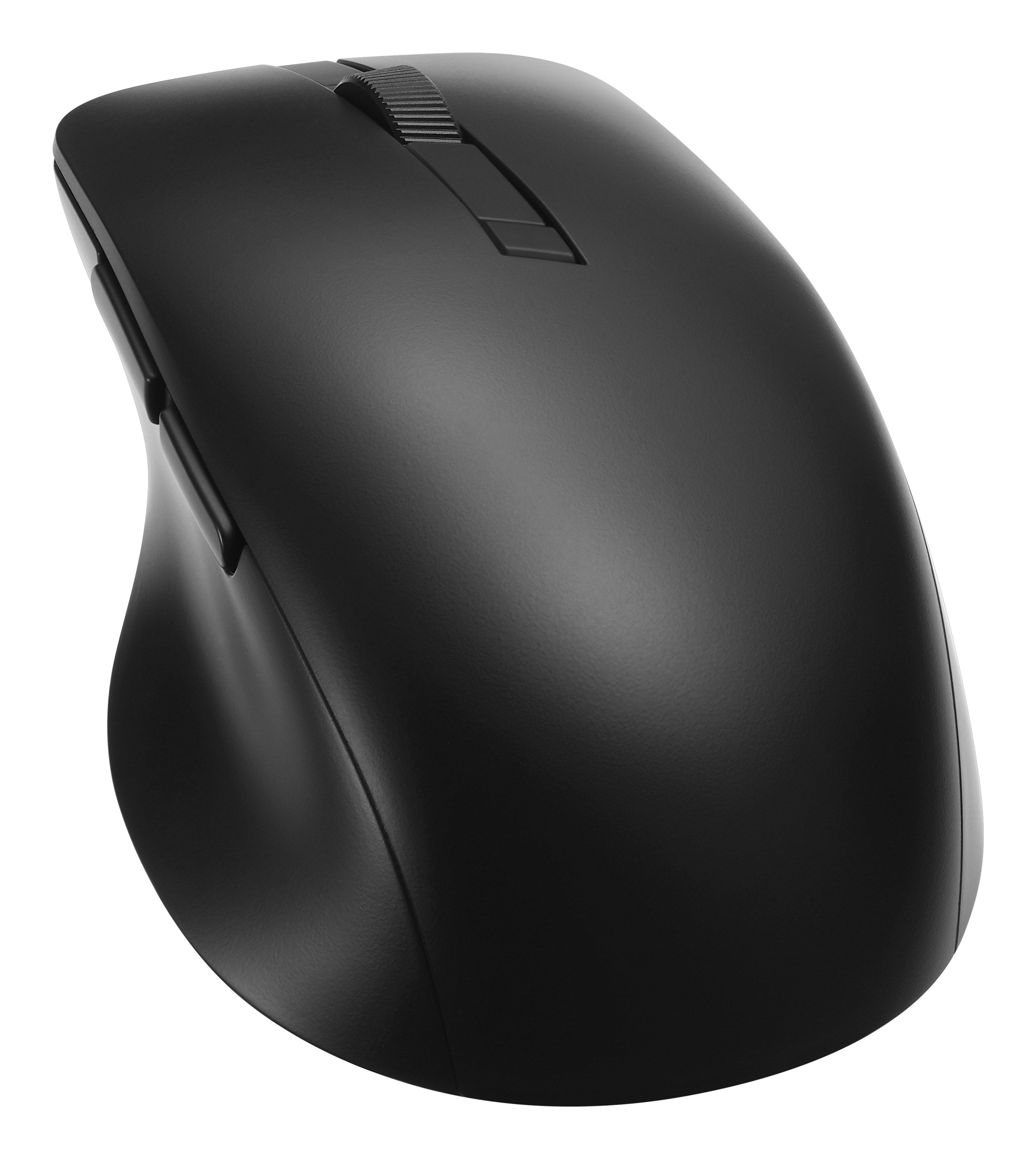 Un mouse per computer wireless nero con rotellina di scorrimento e due pulsanti.