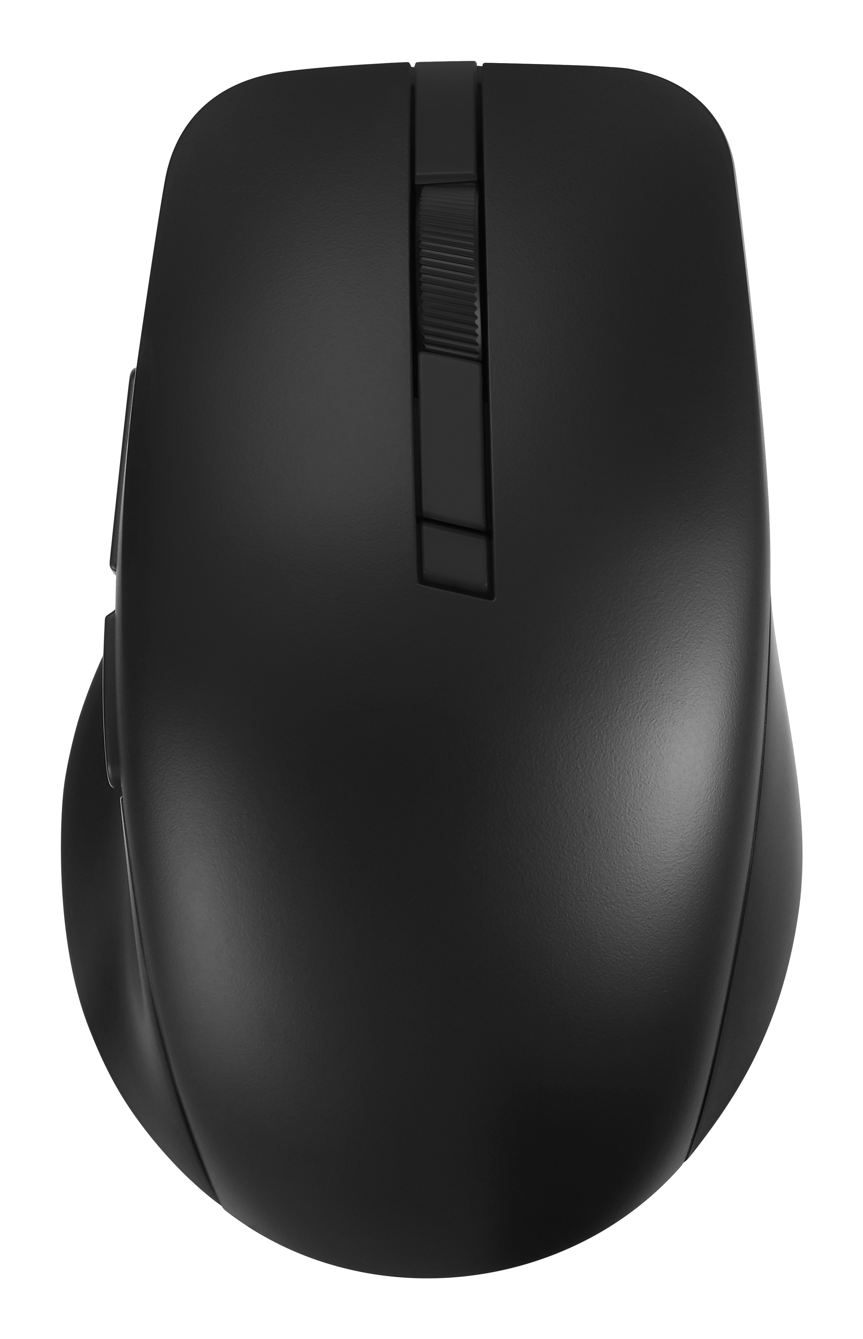 Un mouse del computer nero con rotella di scorrimento e pulsanti, visto dall'alto.